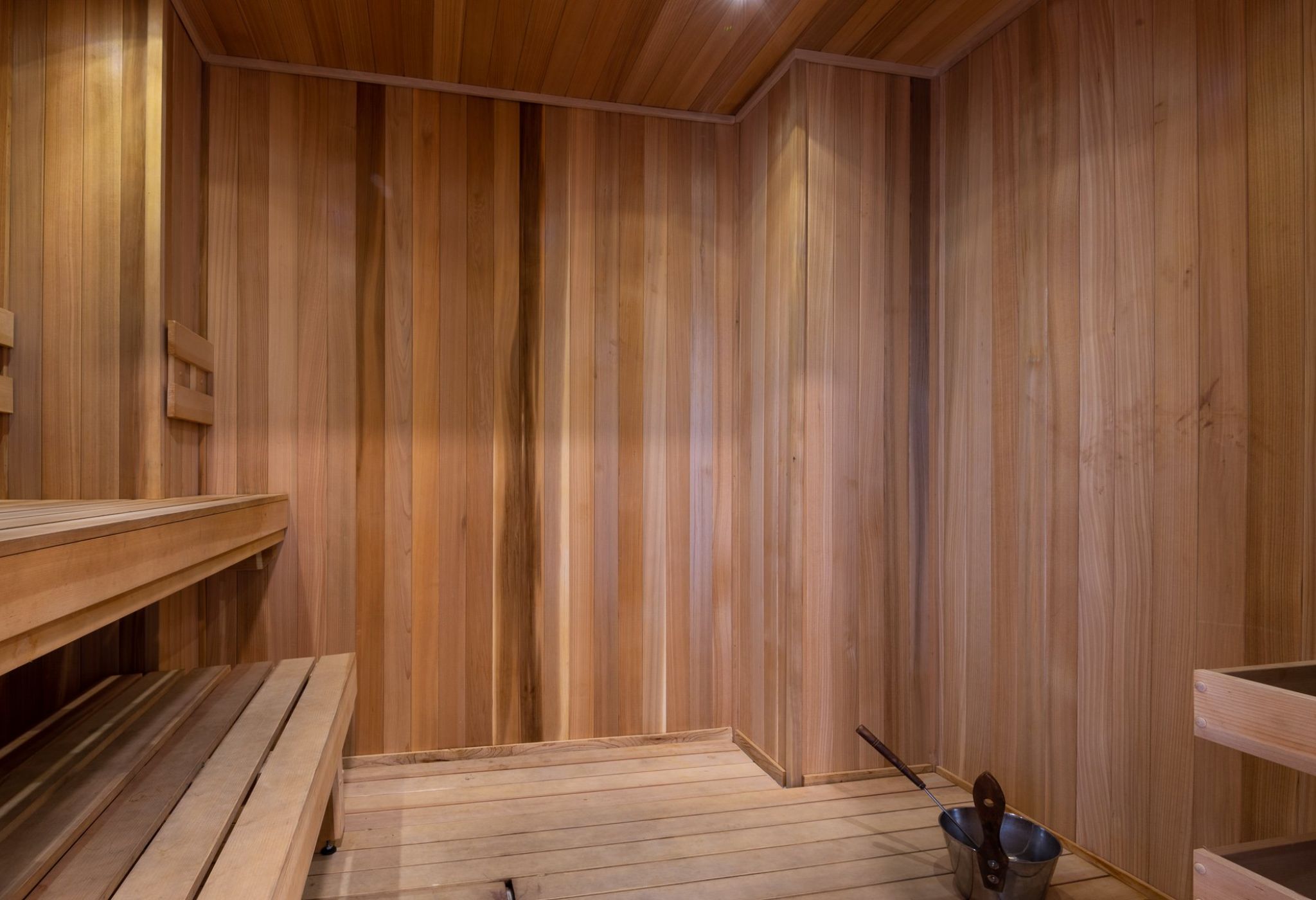 Sauna amenity with wood flooring, walls, and benches